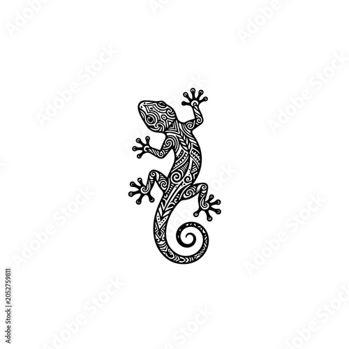 Stylized black and white lizard with intricate tribal patterns and curled tail a unique reptile art design.