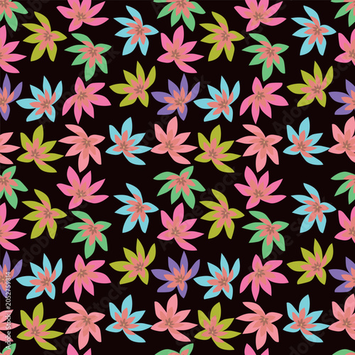 Seamless floral pattern, cute ditsy print with small pink flowers, leaves on purple background. Pretty botanical design for fabric, paper and other surfaces. Vector illustration.
