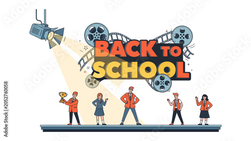 Obraz na płótnie Back to School Celebration: A spotlight illuminates a diverse group of students on a stage, celebrating the start of a new academic year with a Back to School banner and film reels overhead
