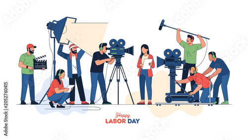 Filmmaking Crew at Work: A dedicated film crew is captured mid-production, with individuals operating cameras, boom microphones, lights, and a clapperboard.