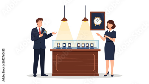 Fotografie Luxury Watch Showcase: A smartly dressed salesperson presents a collection of exquisite timepieces to a discerning customer in a high-end watch boutique, highlighting craftsmanship and elegance