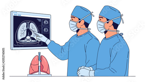 Medical Team Reviewing Lungs Scan: Two surgeons in scrubs and masks examine a digital scan of lungs on a monitor, alongside a physical model of the organ.