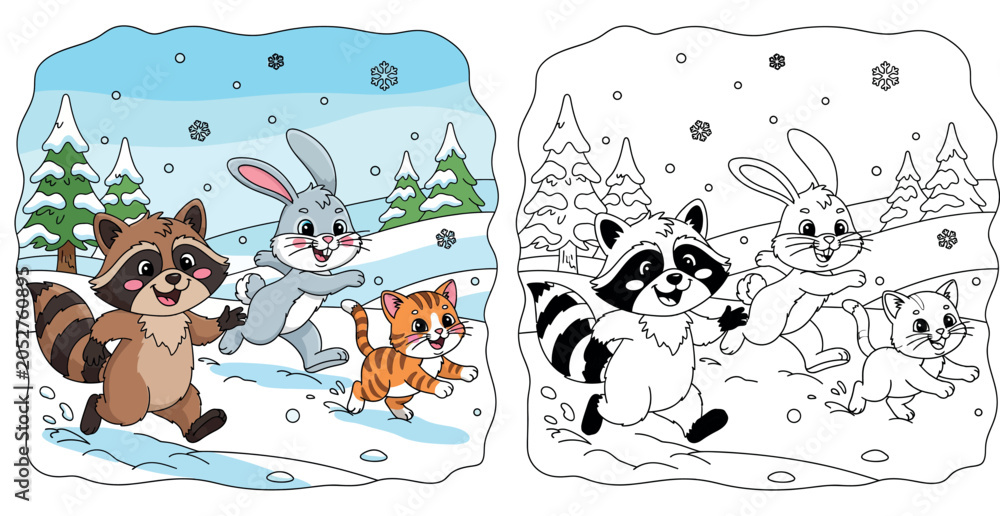 Fototapeta premium Happy Cartoon Raccoon, Bunny, and Cat Playing in Snowy Winter Forest - Joyful Animal Friends