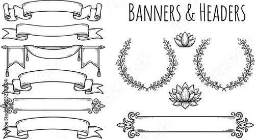 Canvas Print Vintage Hand Drawn Banner and Header Collection with Decorative Laurel Wreaths F