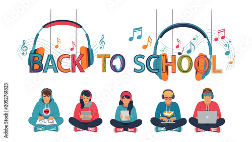 Schilderij op canvas Back to School Vibes: Students with headphones engrossed in learning, surrounded by musical notes and the iconic Back to School text, create a vibrant and modern educational scene