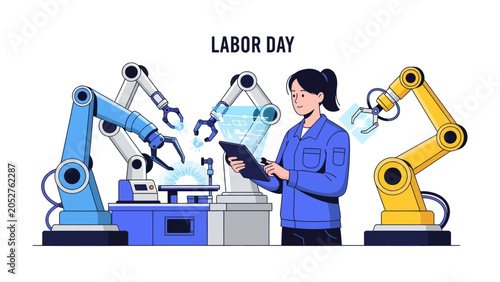 Canvastavla Labor Day Automation: A female engineer works with advanced robotic arms, symbolizing the evolving landscape of labor and technology on Labor Day