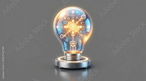 Futuristic glowing light bulb with digital brain circuit, innovative artificial intelligence concept, creative technology and smart idea symbol on gray background