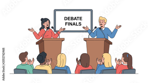 Konstfotografi The Great Debate: Two individuals engage in a spirited debate, standing at podiums with the words DEBATE FINALS displayed prominently on a screen behind them, while an audience watches intently