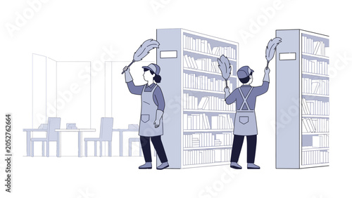 Schilderij op canvas Librarians Cleaning Bookshelves: Two individuals in cleaning attire diligently dust bookshelves in a library, ensuring a pristine environment for readers and books