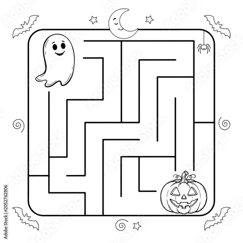 Halloween night maze puzzle with ghost and pumpkin jack o lantern halloween
