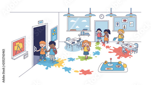 Cuadro en lienzo Messy Classroom Exploration: Young students, backpacks on, navigate a vibrant classroom splattered with colorful paint, hinting at a lively art project or creative chaos