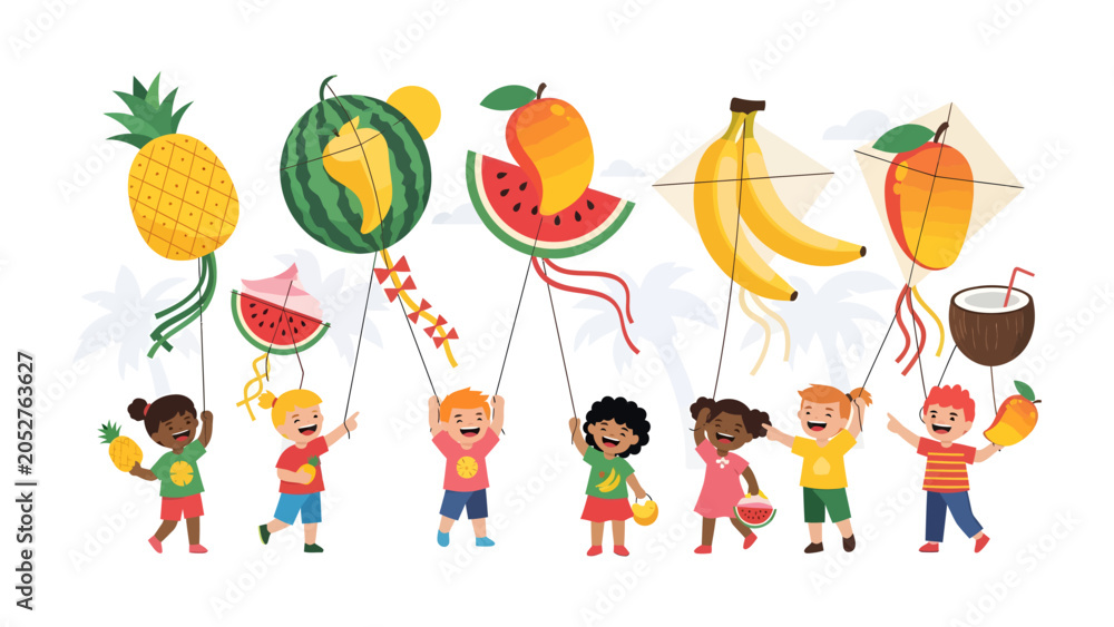 Fototapeta premium Summer Fun with Fruit Kites: A group of joyful children proudly hold aloft kites shaped like various delicious fruits – watermelon, mango, banana.
