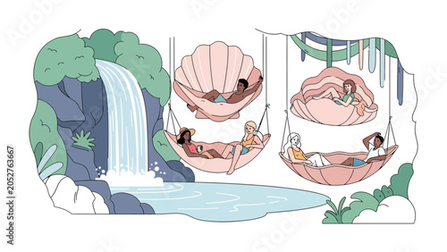 Tableau sur toile Relaxation Oasis: People recline in shell-shaped hammocks suspended near a tranquil waterfall, surrounded by lush tropical foliage, embodying ultimate serenity and a peaceful escape