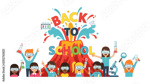 Obraz na płótnie Back to School Explosion of Knowledge: A vibrant illustration depicts excited children and their teacher erupting with joy and scientific curiosity