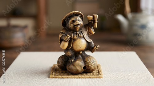 Lucky bronze figurine of a smiling tanuki holding a cup  