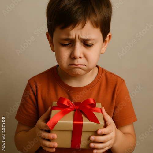 Young boy looking sad while holding a gift box with ribbon  