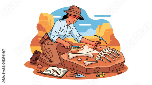 Canvastavla Paleontology Expedition: A determined paleontologist meticulously excavates ancient fossilized bones from a desert dig site, surrounded by arid rock formations and clear blue sky
