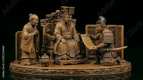 Traditional wooden figurines depicting historical characters in court scene  