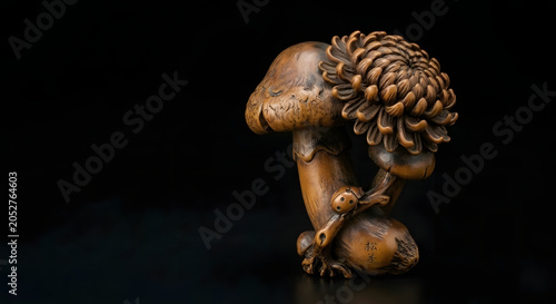 Decorative wooden mushroom sculpture with intricate design on black background  