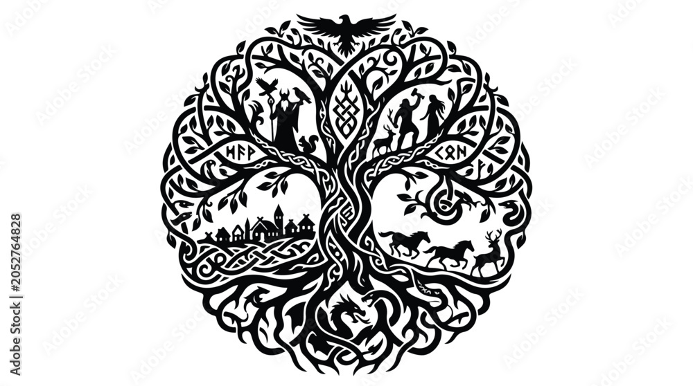 Fototapeta premium Intricate black and white tree of life design with detailed swirling branches and roots symbolizing growth