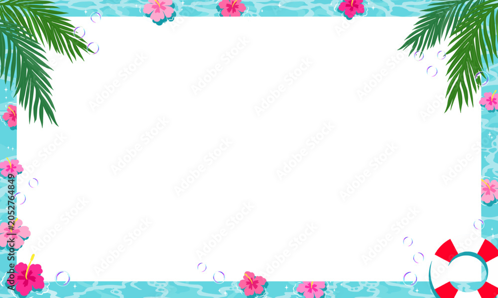 Fototapeta premium Tropical Pool Frame Hibiscus Flower Palm Leaf Summer, Aesthetic Vacation Border Template Copy Space Beach