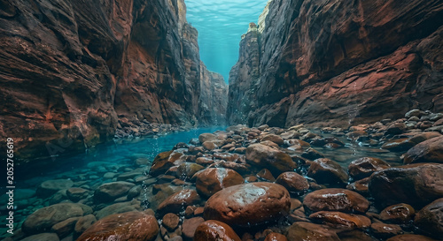 Deep underwater view of a crystal clear canyon riverbed filled with smooth rocks