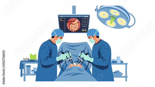 Laparoscopic Surgery Team: Surgeons in sterile gowns and masks perform a minimally invasive laparoscopic procedure, guided by a monitor displaying internal anatomy.