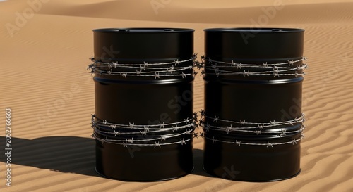 Black oil barrels wrapped in barbed wire, industrial fuel drums in desert sand, concept of energy crisis and oil price protection