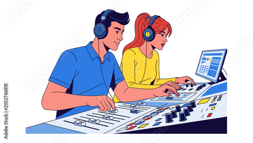 Foto Sound Engineering Duo: A focused sound engineer and his colleague, both wearing headphones, diligently work at a complex audio mixing console, adjusting levels and creating perfect sound