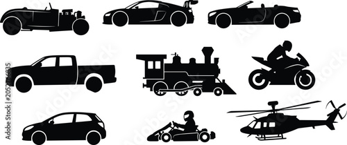Fotografie Transportation Vehicle Silhouette Collection Featuring Cars Motorcycle Helicopte