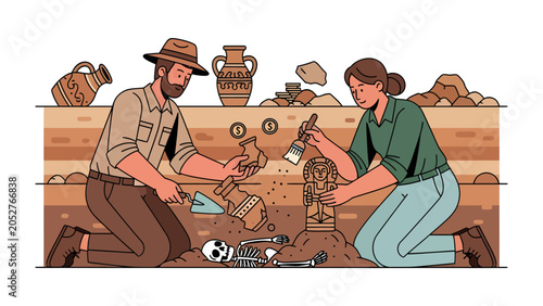 Schilderij op canvas Archaeological Dig Site: Two archaeologists meticulously excavate ancient artifacts and a human skeleton from layers of earth, uncovering history's secrets with tools and brushes