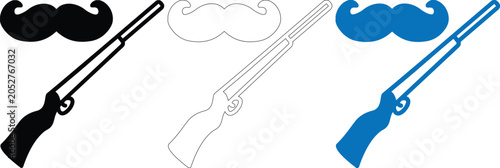 Vintage hunting rifle and mustache vector illustration set masculine themed design elements for celebration of paternal hobbies in clean minimalist line art style.