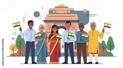 Diverse group of people holding Indian flags illustration