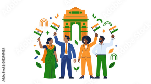 illustration of diverse people celebrating with indian flag colors and gateway of india arch
