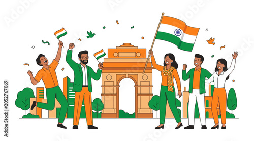 Indian independence day celebration illustration with people waving flags