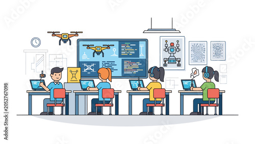 Фотография Future Innovators: Children engrossed in a STEM workshop, learning about robotics and drones, with a drone hovering mid-air, inspiring creativity and technological exploration