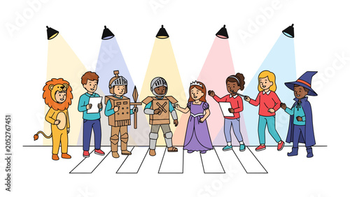 Obraz na płótnie Children's Theater Play: A group of diverse children in costume, including a lion, knight, princess, and wizard, stand under spotlights on a stage, ready to perform their play