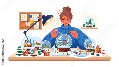 Картината върху платно Crafting Winter Magic: A woman engrossed in creating charming snow globes, surrounded by miniature winter scenes, a lamp illuminating her creative workspace