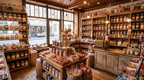 A candy shop interior filled with candy jars, lollipops, chocolates, gummies and sweets displayed on wooden shelves, display tables