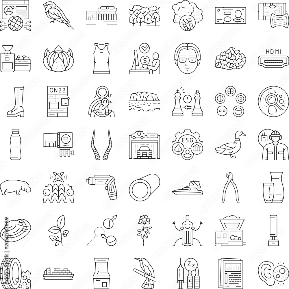 Fototapeta premium Set of minimalist line icons illustrating a wide range of subjects from technology, business, education, and medicine to nature, animals, and industry
