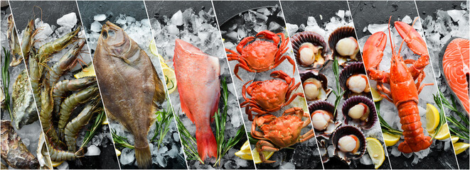 Fresh seafood laid out on ice: lobsters, shrimps, scallops and fish. Photo collage, banner from photos.