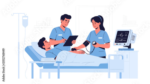 Photos Healthcare Team in Action: Two medical professionals attend to a patient in a hospital room, one checking blood pressure while the other records notes