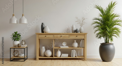 Minimalist wooden shelf with plants and decor