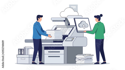 Foto Cloud Printing Solution: Two individuals interact with a modern multifunction printer, a cloud icon prominently displayed