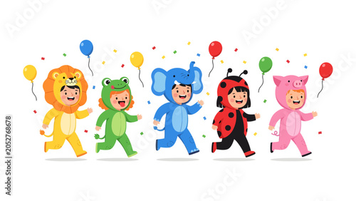 Canvastavla Animal Costume Fun: A vibrant illustration depicts five cheerful children dressed in adorable animal costumes – lion, frog, elephant, ladybug