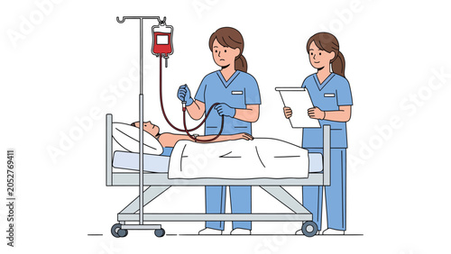 Schilderij op canvas Medical Transfusion: Two nurses diligently monitor a patient receiving a blood transfusion, ensuring a seamless medical procedure within a hospital setting