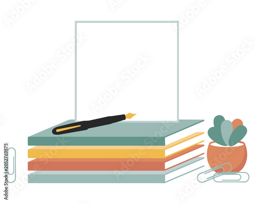 Colorful Stacked Books With Pen And Plant.
