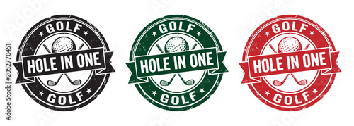 Set of vintage golf hole in one emblems, badges, logos, labels, stamps with golf ball and clubs