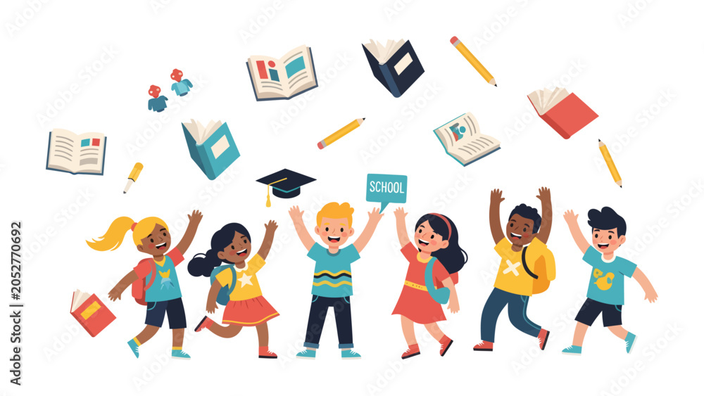 Fototapeta premium Joyful Learning Celebration: A group of happy, diverse children joyfully celebrate their educational journey, surrounded by floating books, pencils, and a graduation cap.