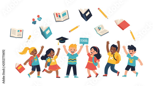 Schilderij op canvas Joyful Learning Celebration: A group of happy, diverse children joyfully celebrate their educational journey, surrounded by floating books, pencils, and a graduation cap